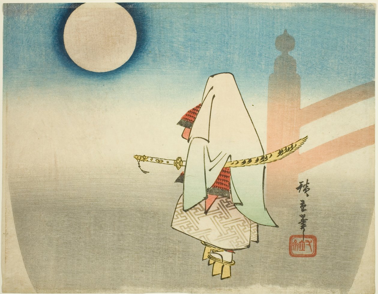 Yoshitsune, Benkei'yi Gojo Köprüsü'nde Bekliyor by Utagawa Hiroshige