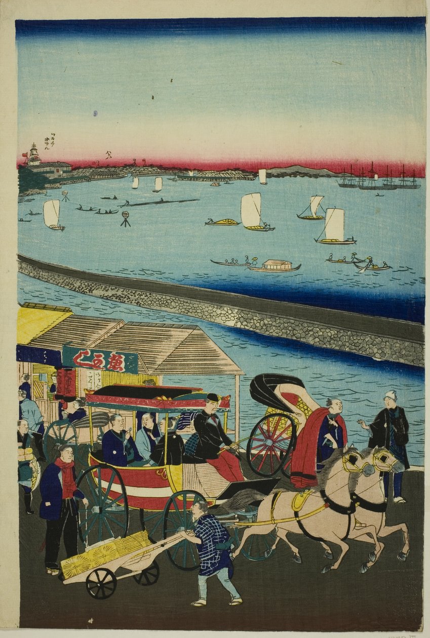 Tokyo, Yatsuyama'daki Buhar Makinesi Demiryolunun resmi (Tokyo Yatsuyama Shita kaigan jokisha tetsudo no zu) by Utagawa Hiroshige III