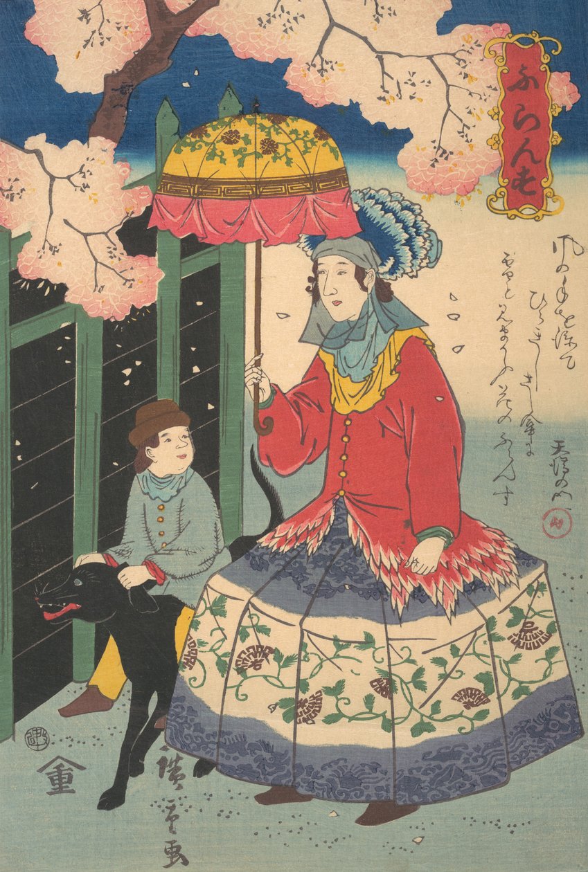 Fransız Kadın, Çocuğu ve Evcil Köpeği, 10. Ay, 1860. by Utagawa Hiroshige II