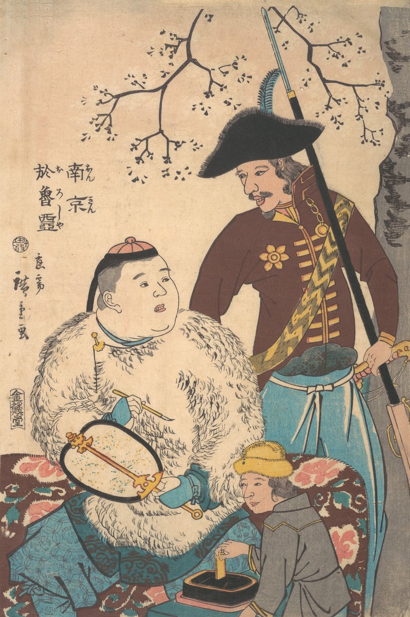 Ruslar ve Çinli Bir Yelpaze Yazıyor, 12. ay, 1860. by Utagawa Hiroshige II