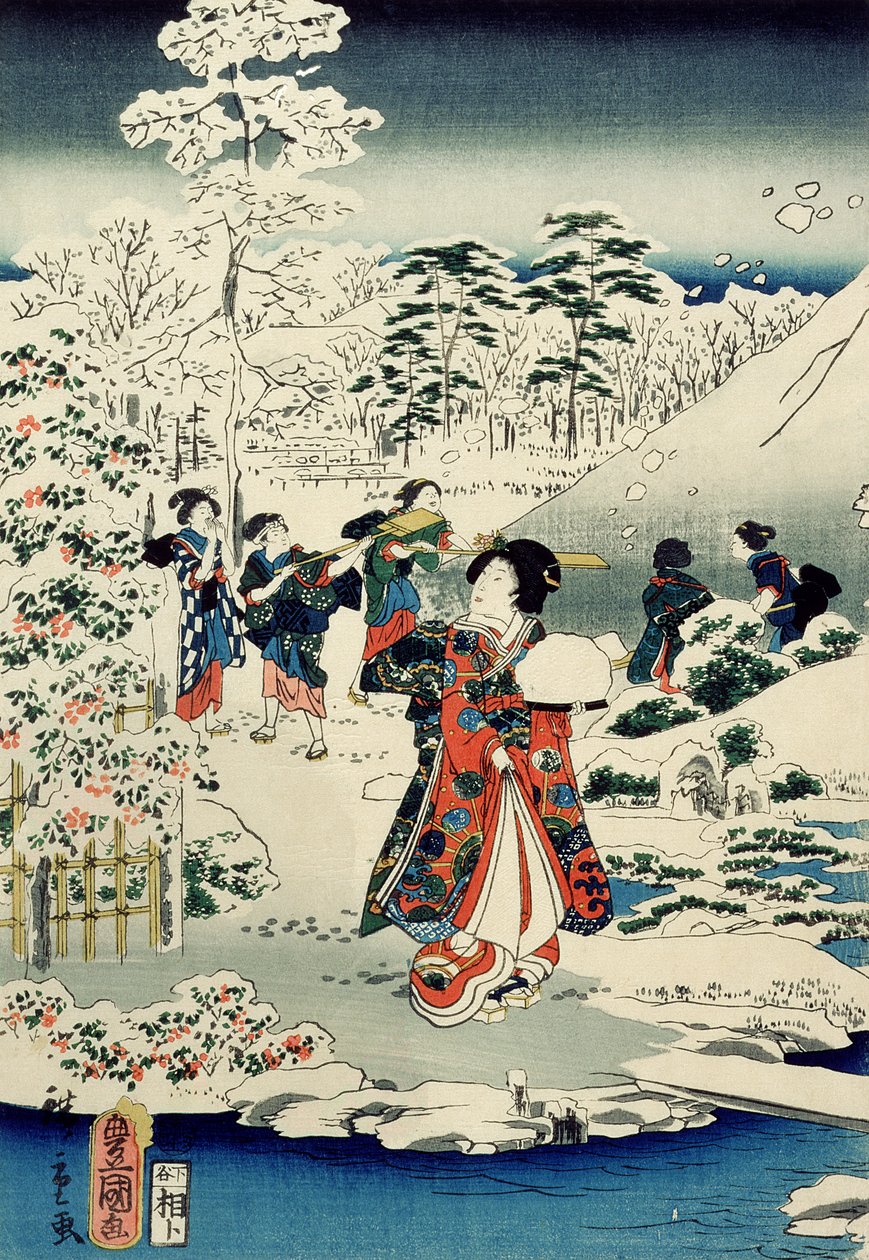 Karla kaplı bir bahçede hizmetçiler by Utagawa and Hiroshige II Utagawa Kunisada