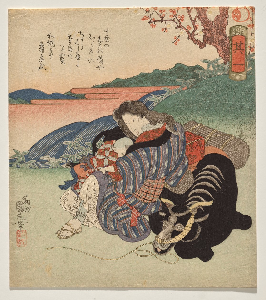 Bir öküze karşı oturan bir kadın ve çocuk by Utagawa Kunimaru