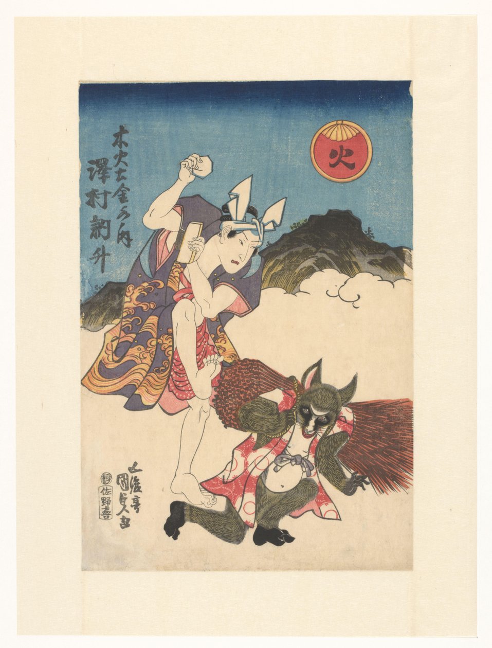 Tavşan ve porsuk olarak aktörler ahşap, ateş, toprak, metal, su by Utagawa Kunisada (I)