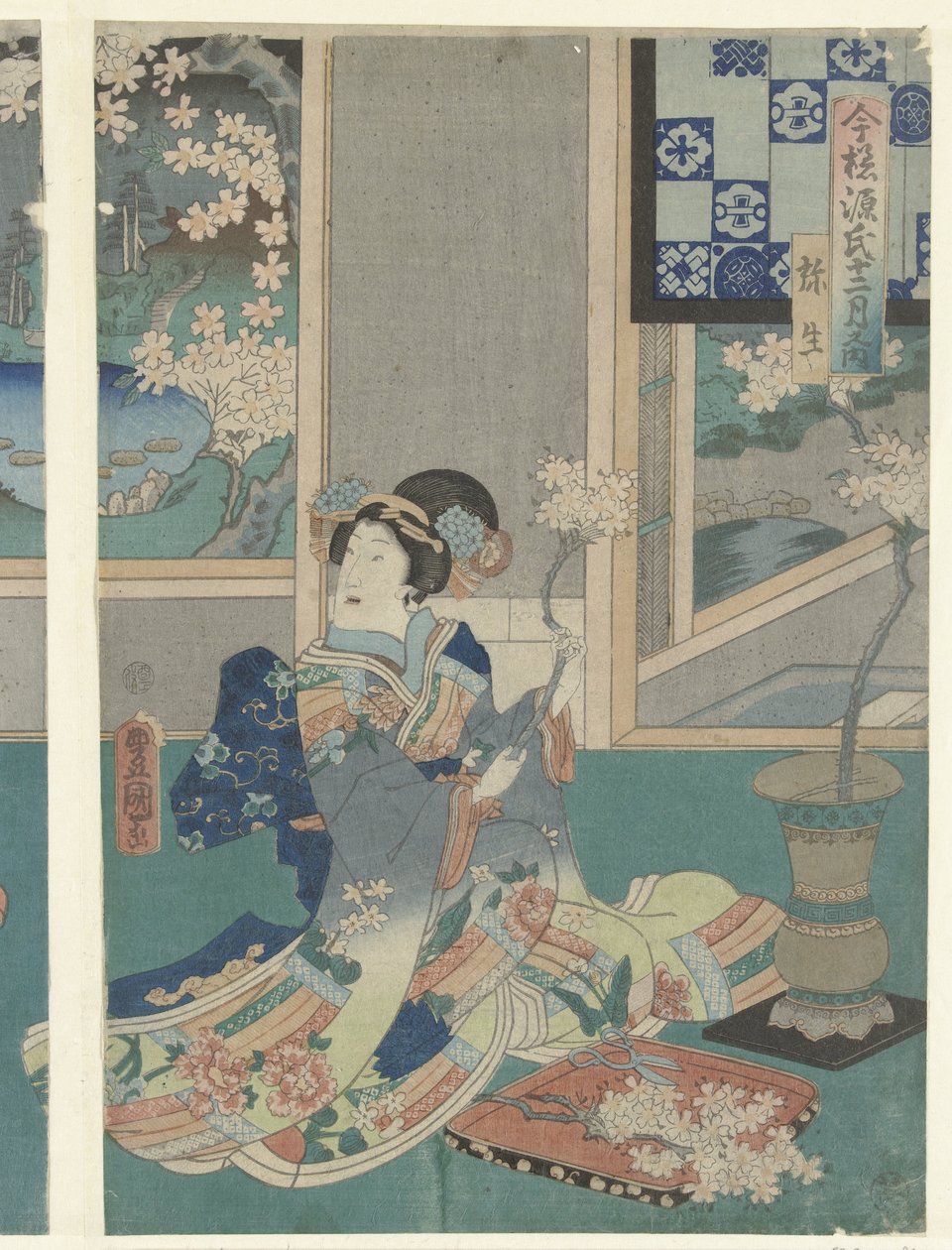 üçüncü ay Yayoi (nesne üzerindeki başlık) On iki ay boyunca Modern Genji hikayeleri (dizi başlığı) Imayo Genji junikagetsu no uchi (nesne üzerinde seri başlığı) by Utagawa Kunisada (I)