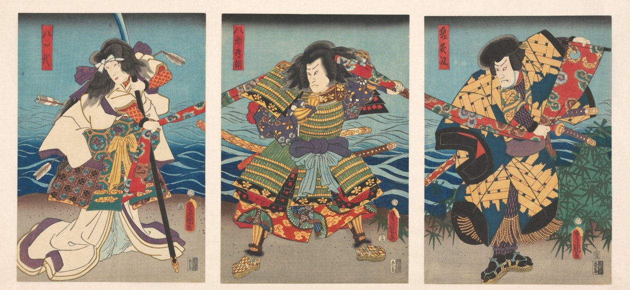 Kızıl bayrak çeken üç kabuki oyuncusu by Utagawa Kunisada (I)