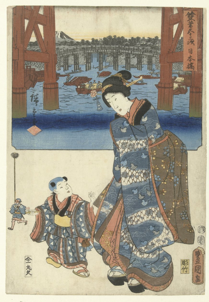 Nihonbashi (nesne üzerindeki başlık) De 53 istasyon kapı twee penselen (seri başlığı) Sohitsu gojusan tsugi (nesne üzerinde seri başlığı) by Utagawa Kunisada (I)