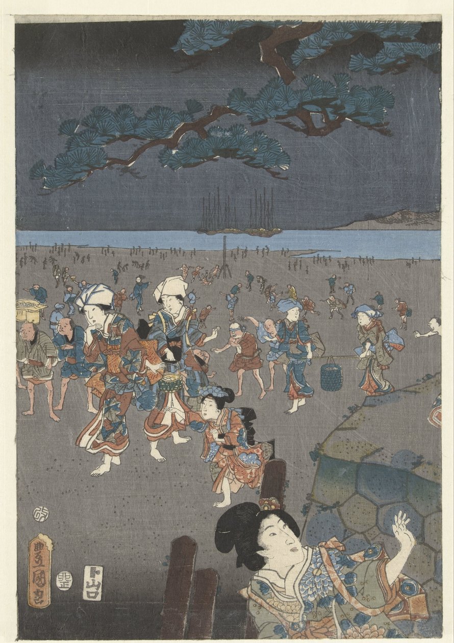 Akashi sahilinde deniz kabukları toplamak Akashi no ura shiogari no zu by Utagawa Kunisada (I)