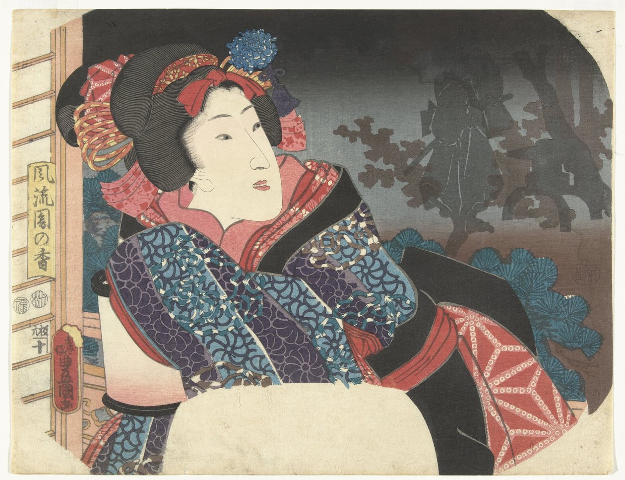 Kadın feneri kimonoyla kaplıyor. Zarif bahçelerin seçimi (seri başlığı) Furyu sono no ko (nesne üzerinde seri başlığı) by Utagawa Kunisada (I)