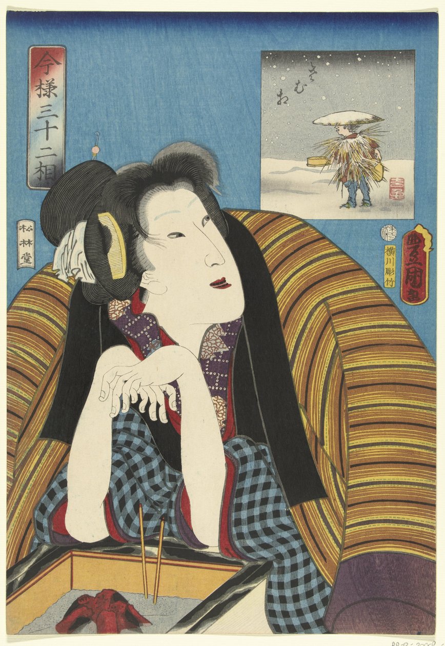 Ellerini bir hibachi ile ısıtan kadın 32 modern tip (seri başlığı) Imayo sanjuniso (nesne üzerinde dizi başlığı) by Utagawa Kunisada (I)