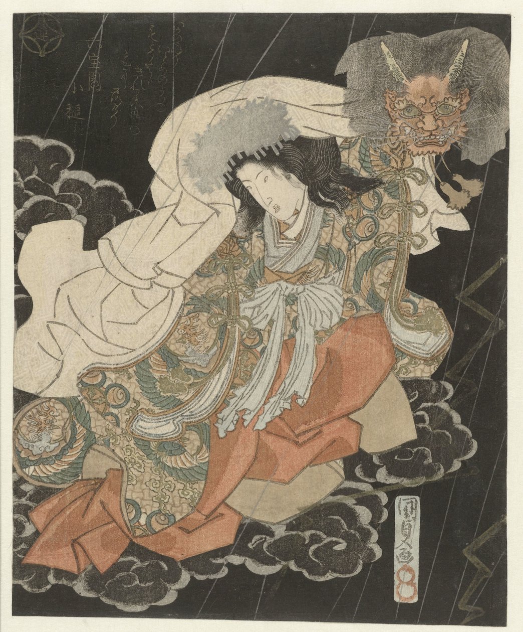 Bulutların arasında iblis maskeli kadın by Utagawa Kunisada (I)