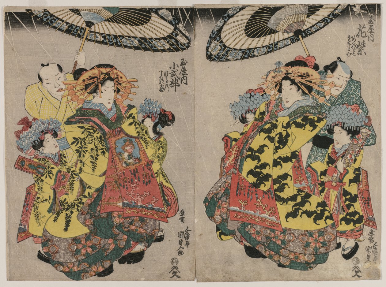 Yağmurda Gezinen Tamaya'dan Nezaketçiler Hanamurasaki ve Koshikibu by Utagawa Kunisada