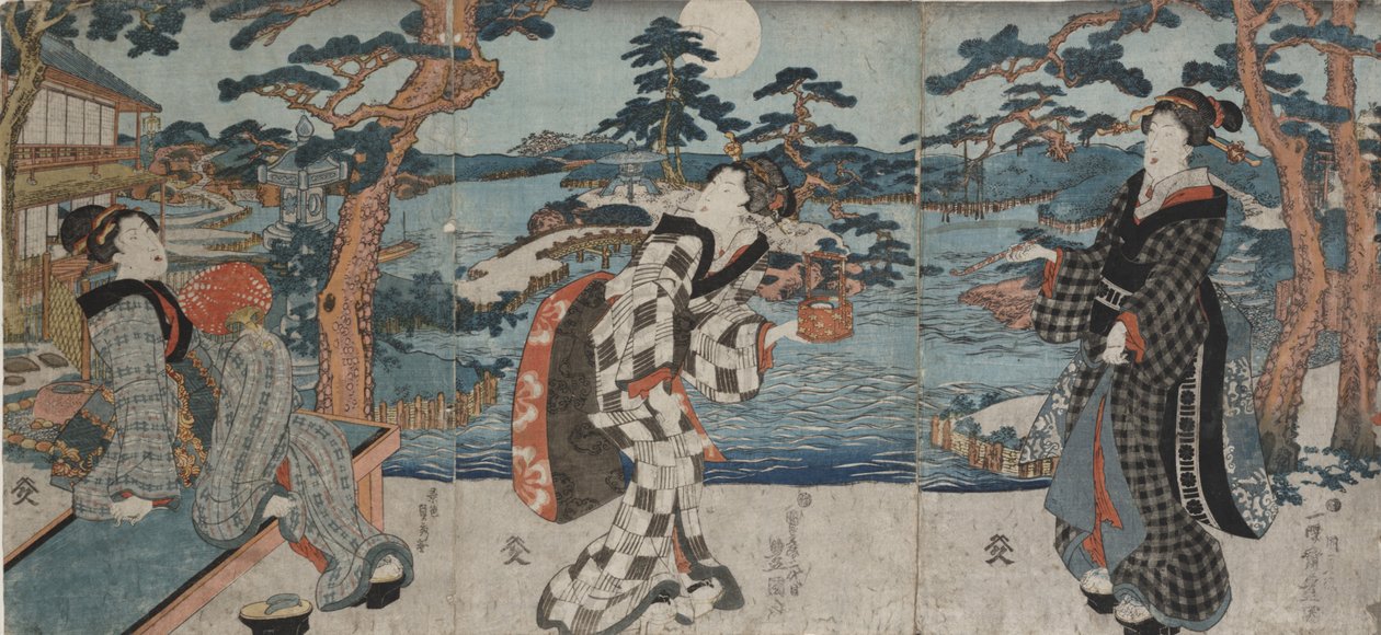 Müşterileri Karşılamadan Önce Bir Restoranda Boş Zamanın Keyfini Çıkarma, 19. yüzyılın başlarından ortalarına (renkli gravür (üç parça)) by Utagawa Kunisada III