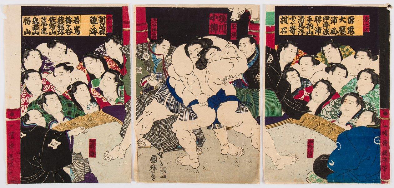 Sumo güreşçilerinin savaşı. Estampe de Utagawa Kuniteru (1808-1876) - Sumo güreşçileri, Kuniteru, Utagawa (1808-1876). Renkli gravür. Özel koleksiyon by Utagawa Kuniteru
