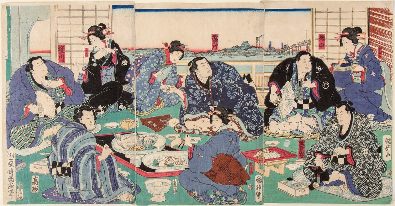 Sumo güreşçisi Sakaigawa Namiemon (solda) diğer güreşçiler ve geyşalarla birlikte bir kutlama yemeğinde. Kuniteru, Utagawa (1808-1876) tarafından basılmıştır. by Utagawa Kuniteru