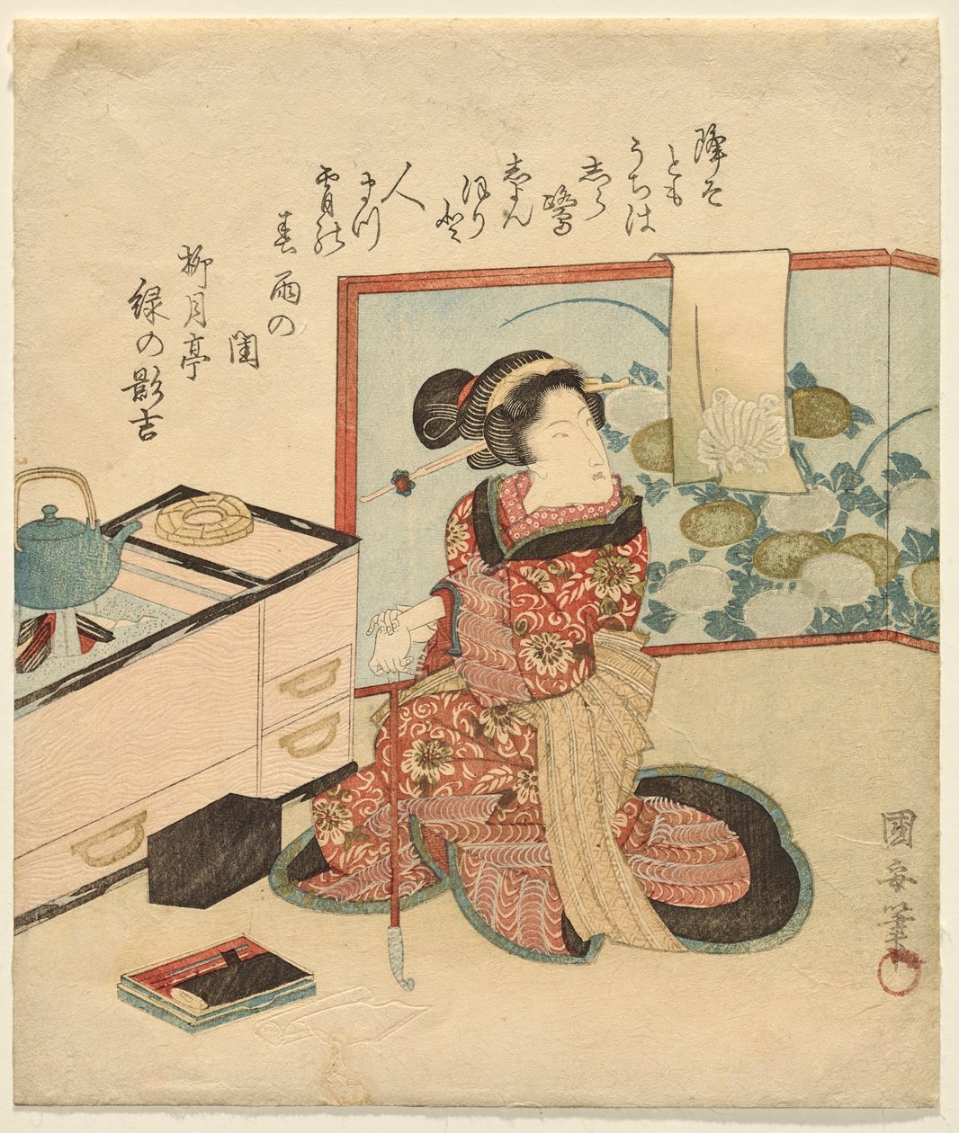 Boruya yaslanmış bekleyen kadın by Utagawa Kuniyasu