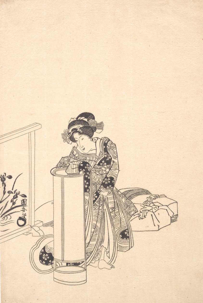 Uzun bir lambanın üzerine eğilmiş genç bir kadın. by Utagawa Kuniyasu