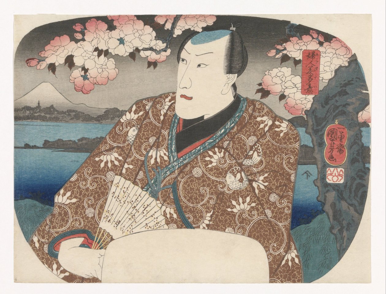 Kiraz çiçeği altında yelpaze ile aktör by Utagawa Kuniyoshi