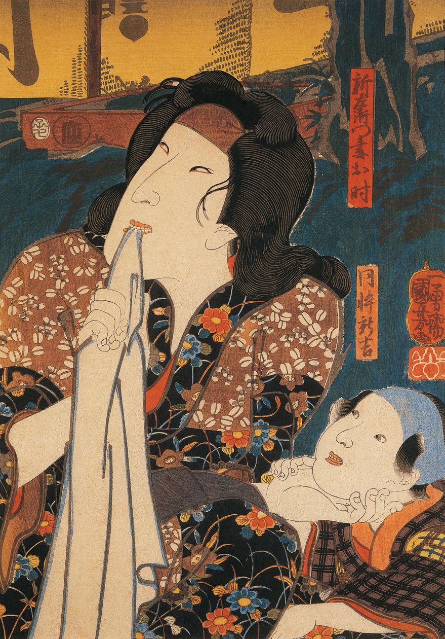 Aktör, Utagawa Kuniyoshi, ahşap baskı, çocuğun yanında dalgın poz veriyor by Utagawa Kuniyoshi