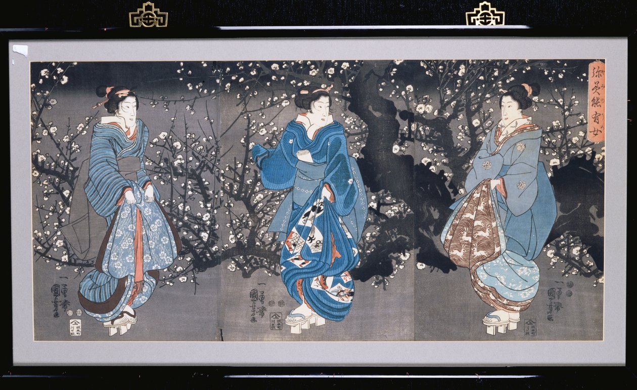 Üç Bijin ile bir Gece Sahnesini betimleyen bir oban triptik by Utagawa Kuniyoshi