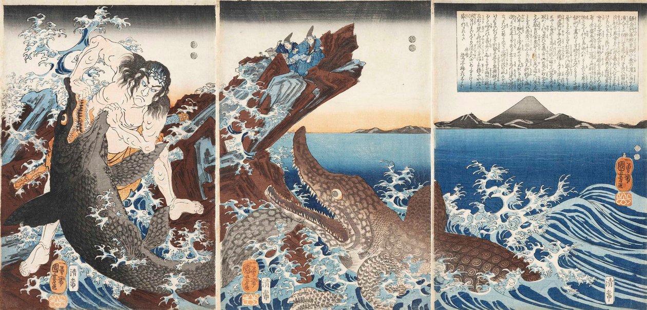 Sığ Saburo Yoshihide W Dinleniyor da C Rokoje küçük saksıda ch, 1849. by Utagawa Kuniyoshi