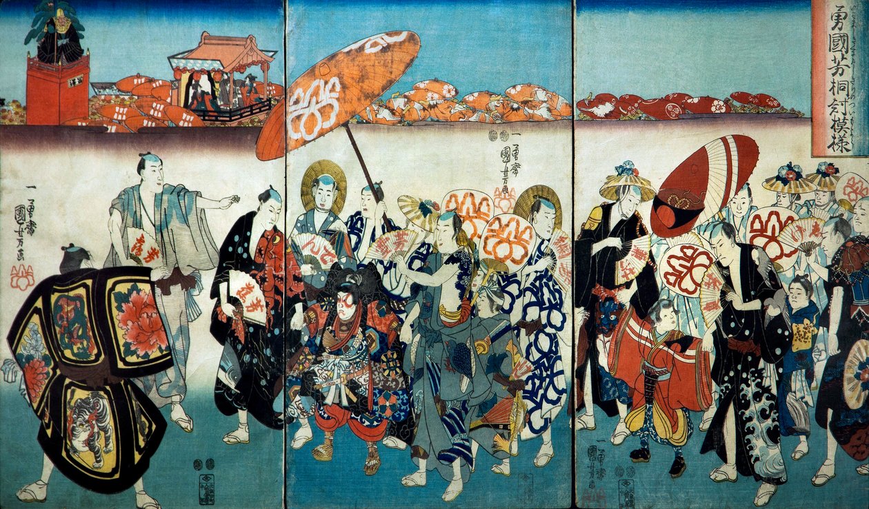 Paulownia Tasarımlı Cesur Kuniyoshi (Isamashiki Kuniyoshi kiri no tsuimoyō) 1848 by Utagawa Kuniyoshi