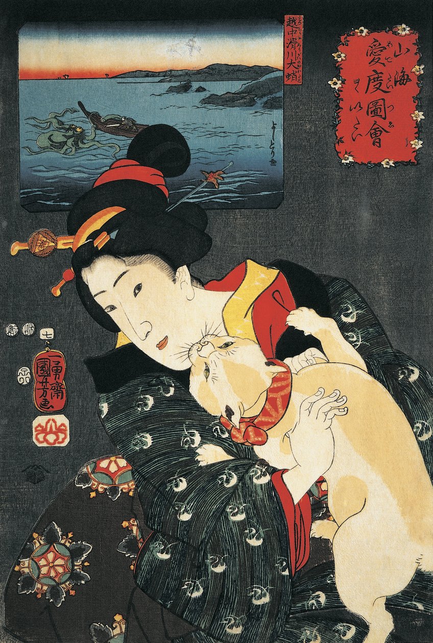 Kucağında kedi olan genç bir kadının yakın çekimi. by Utagawa Kuniyoshi
