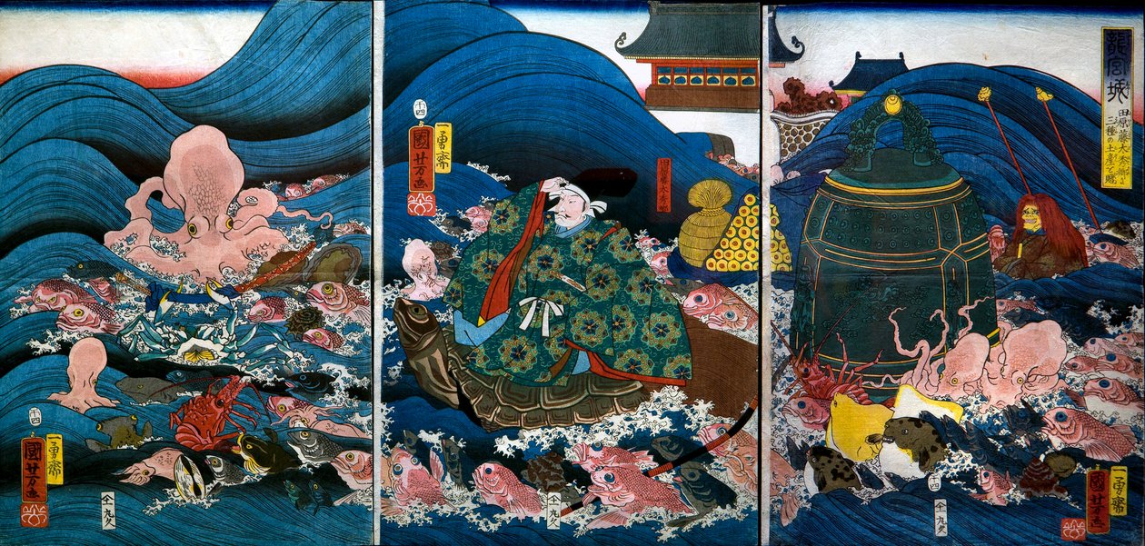 Dragon Palace Dragon King, Tawara Tōda Hidesato'ya (Ryūgūjō) Üç Hediye Sunar by Utagawa Kuniyoshi