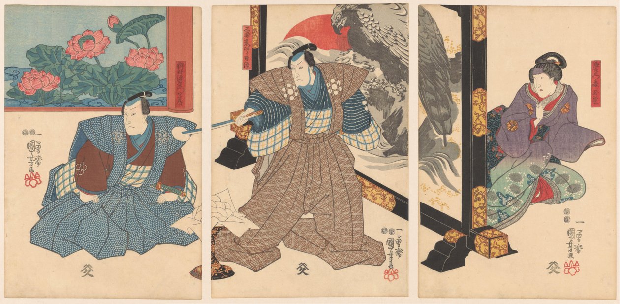 Katlanır ekranda üç oyuncu by Utagawa Kuniyoshi