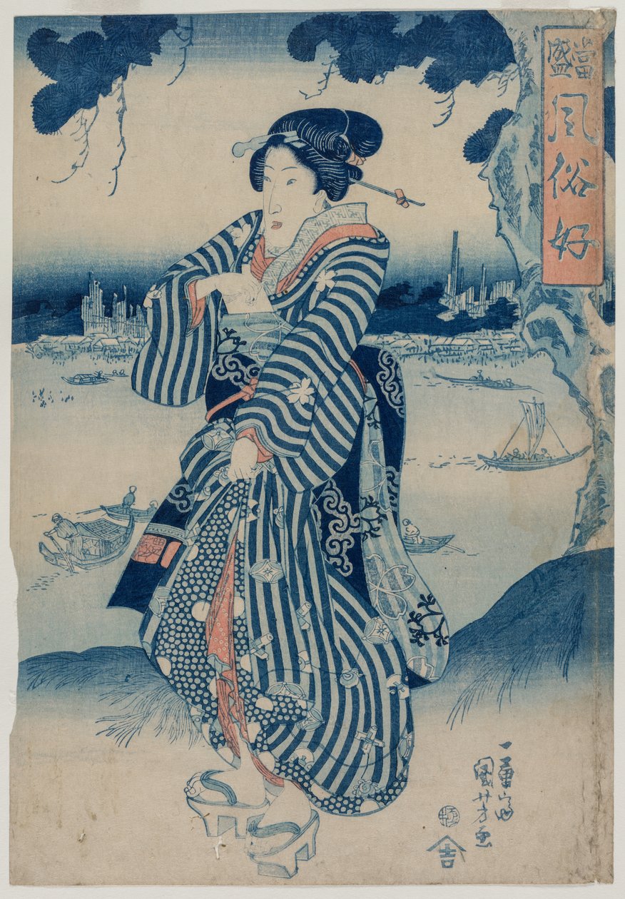 Sumida Nehri Kıyısında Duran Geyşa (Son Modayı ve Tavrı Sevenler dizisinden) by Utagawa Kuniyoshi