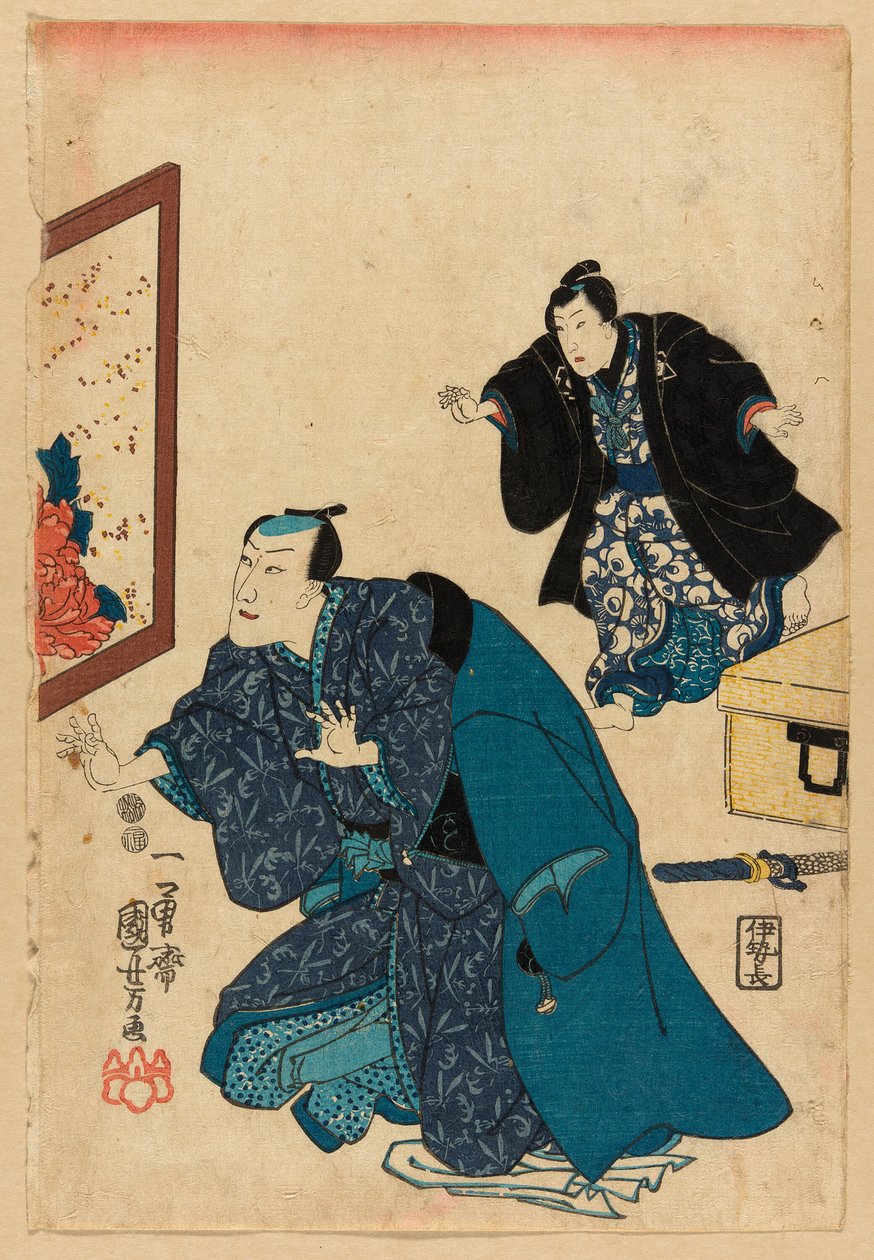 Ichikawa Danjuro VII, şakayıklarla süslenmiş bir ekranın önünde by Utagawa Kuniyoshi