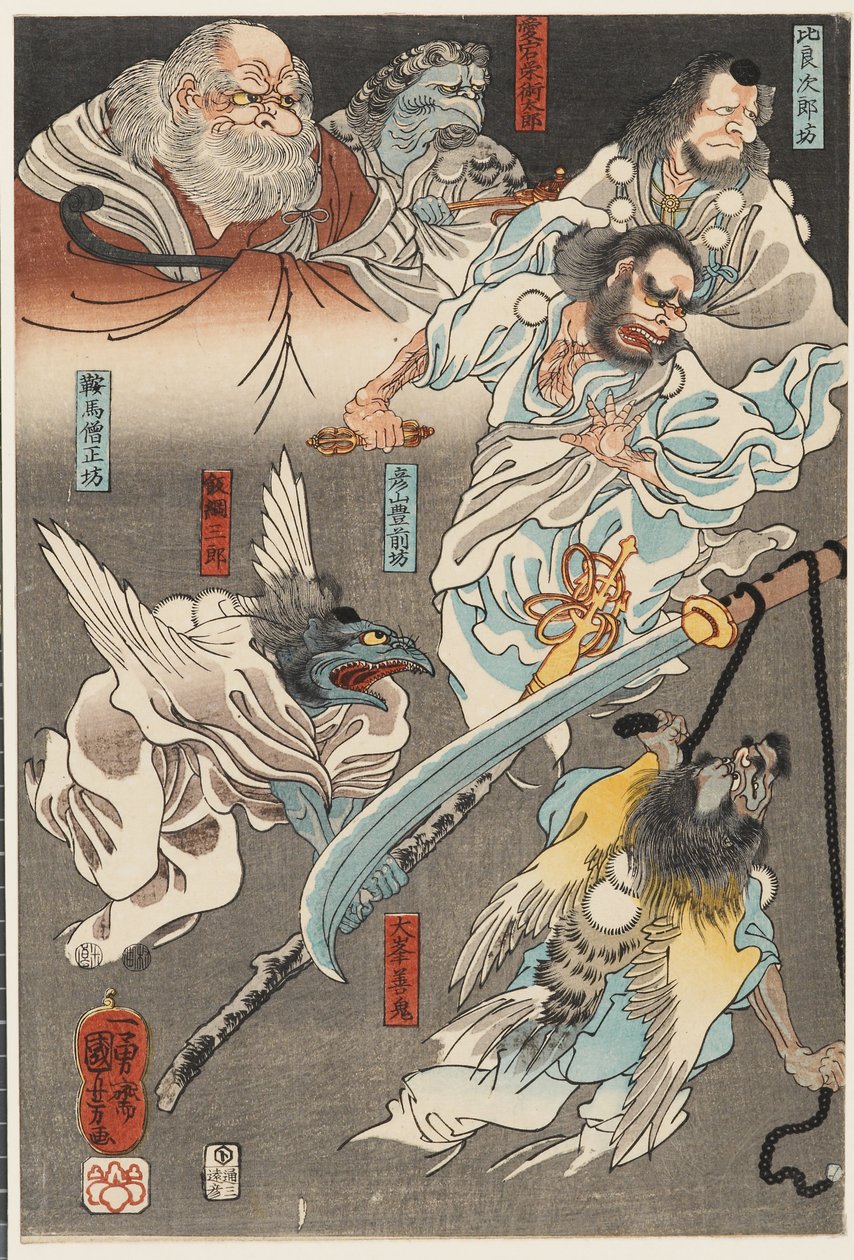 Minamoto Yoshitsune, tengu iblislerinin yardımıyla Gojō Köprüsü'nde Benkei ile savaşıyor by Utagawa Kuniyoshi
