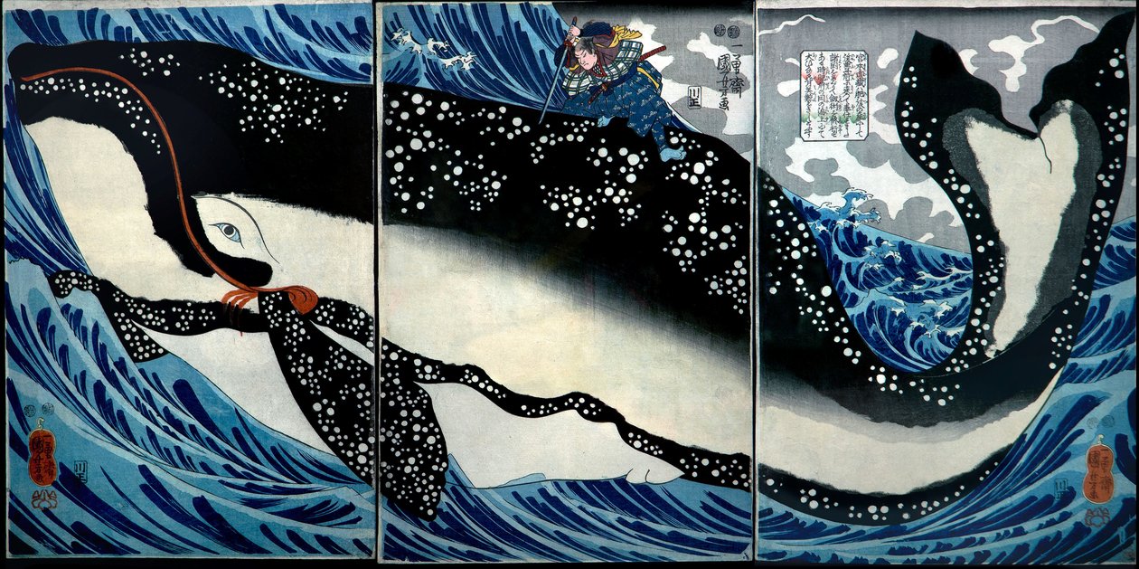 Miyamoto Musashi Muazzam Bir Balinayı Öldürür, 1847 dolayları by Utagawa Kuniyoshi