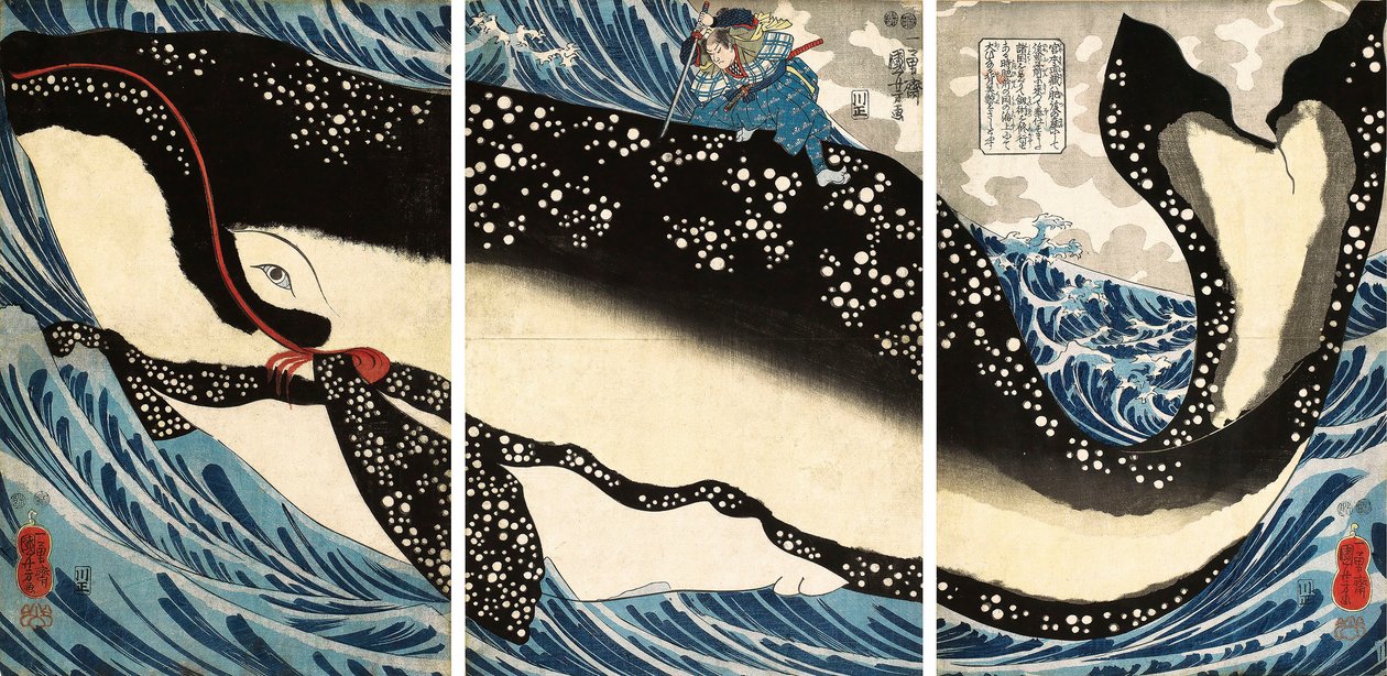 Miyamoto no Musashi Dev Balinaya Saldırıyor by Utagawa Kuniyoshi