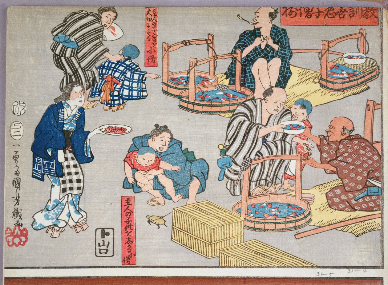 Shopboylar için ahlaki öğretim, iyi ve kötü davranış örnekleri vermek, 1857 (renkli tahta baskı) by Utagawa Kuniyoshi