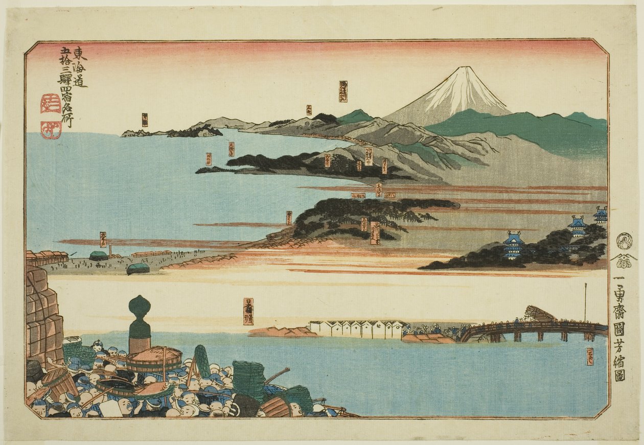 Nihonbashi, Shinagawa, Kawasaki ve Kanagawa, "Tokaido'nun Elli Üç İstasyonundaki Ünlü Yerler, Dört İstasyon (Tokaido gojusan eki yonshuku meisho)" dizisinden by Utagawa Kuniyoshi