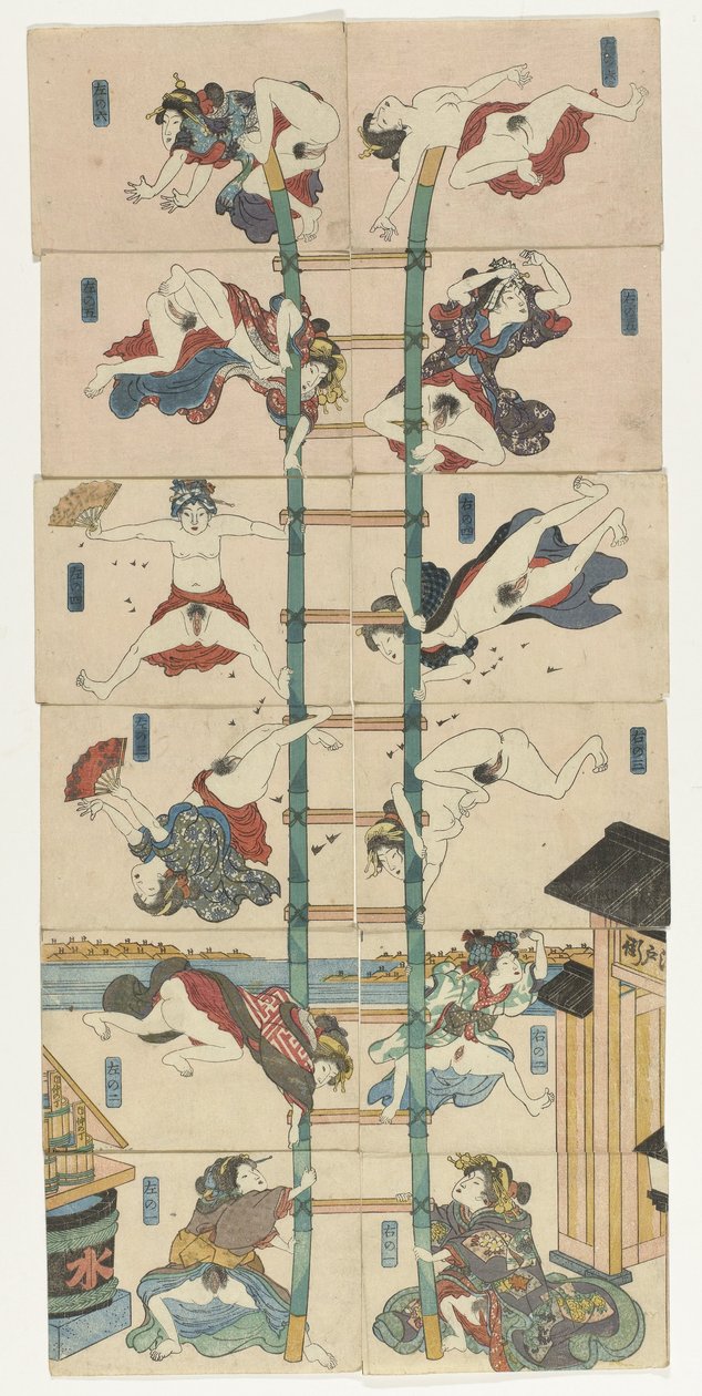 Akrobatik itfaiyeciler rolünde fahişelerle on iki koban Shunga dizisi by Utagawa Kuniyoshi
