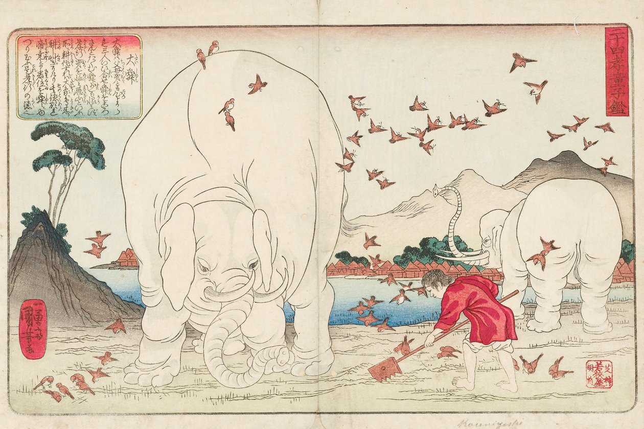 Filler ve bir serçe sürüsü yardımıyla tarla çapalayan Taishun, imzalı Ichiyusai Kuniyoshi ga, 1843 (renkli tahta baskı) by Utagawa Kuniyoshi
