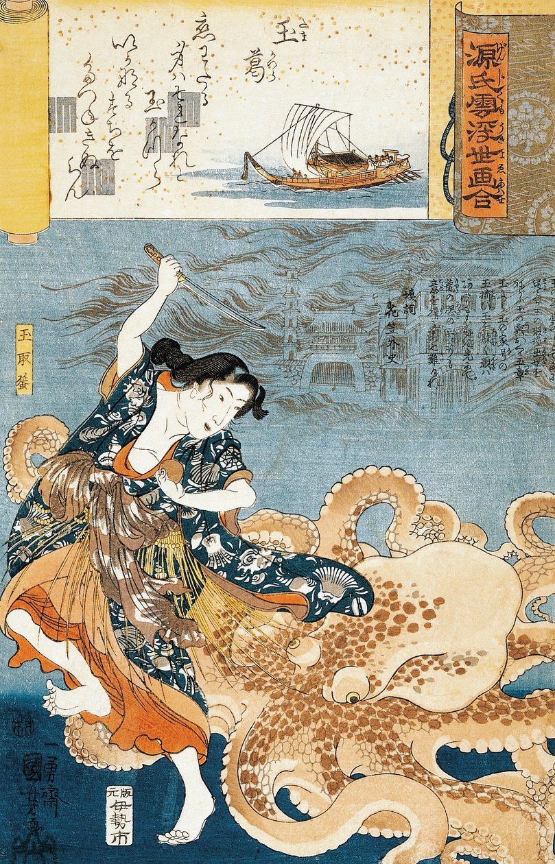 Tamatori (dişi ama dalgıç), Kutsal mücevheri kaparken ahtapot saldırısına uğramak by Utagawa Kuniyoshi