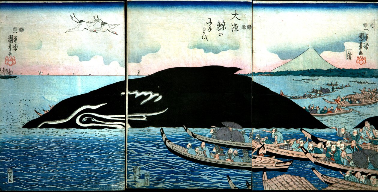 Yakalanan Bir Balinanın Etrafındaki İnsan Kalabalığı by Utagawa Kuniyoshi