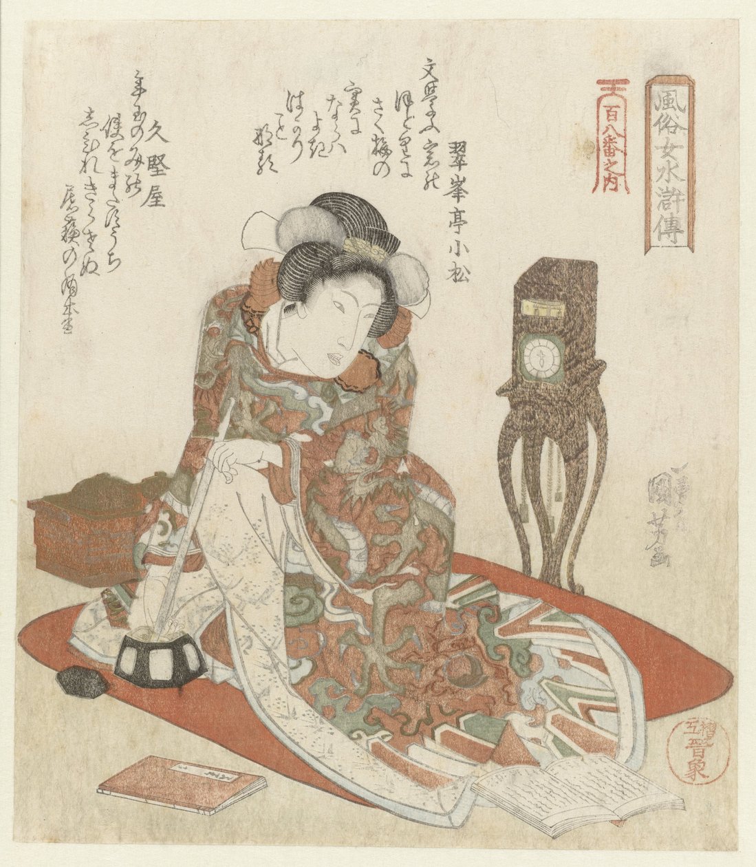 saatli kadın Suikoden Kahramanları Olarak Zarif Kadınlar - Yüz Sekiz serisinden (dizi adı) Fûzoku onna Suikoden - Hyakuhachiban no uchi (nesne üzerinde seri başlığı) by Utagawa Kuniyoshi