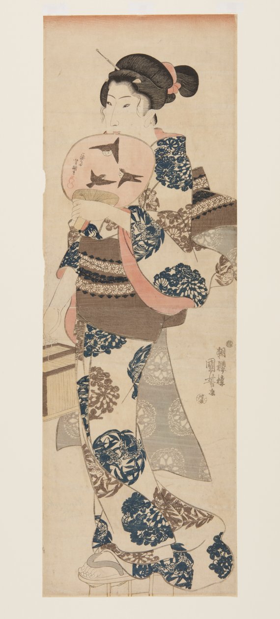 Yelpazeli ve Böcek Kafesli Kadın (renkli tahta baskı) by Utagawa Kuniyoshi