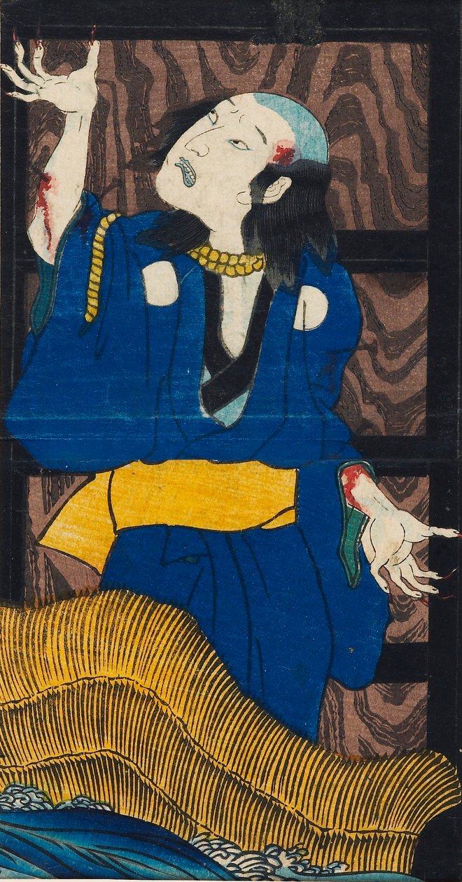 Tahta baskı - Yotsu-ya kaidan oyunundan sahne Oiwa ve Tamiya Iemon