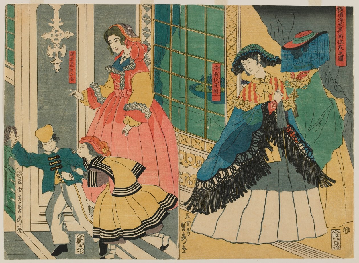 Yurtdışından Gelen Yabancı Tüccarların İkametgahının Resmi: Portekiz ve Güney Amerika, Edo dönemi, 1861 (renkli tahta baskı) by Utagawa Sadahide