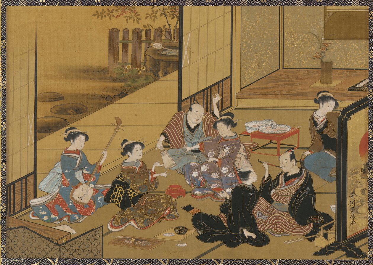 <em>geyşa</em> ve müşterilerle bir partinin iç sahnesi by Utagawa Toyoharu
