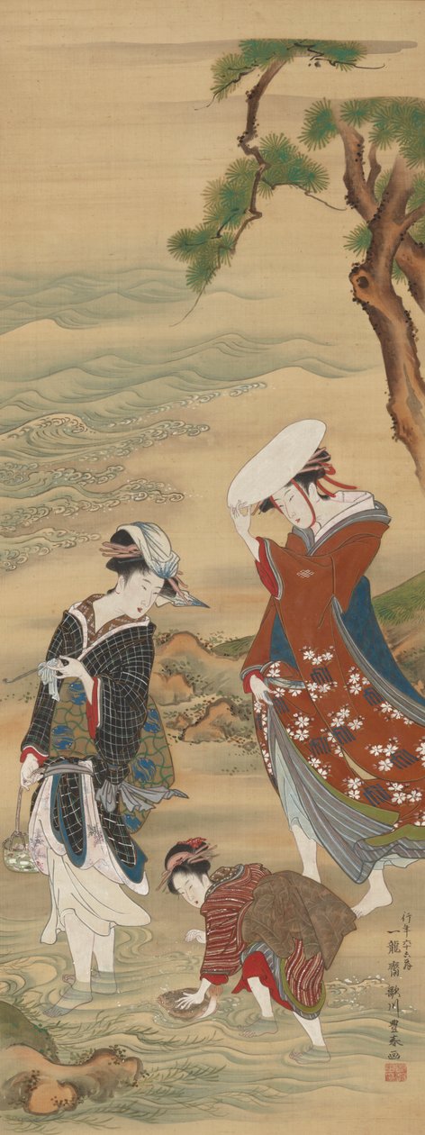 Deniz kıyısında iki kadın ve bir kız by Utagawa Toyoharu
