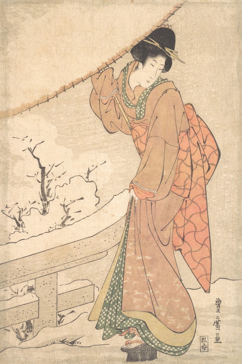 Kar Fırtınasında Ağır Kar Yüklü Şemsiye Taşıyan Genç Bir Kadın, yaklaşık. 1802.. by Utagawa Toyohiro