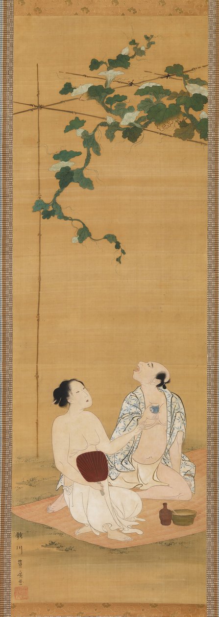 19. yüzyılın başlarında bir Kabak Kafes Altında Akşam Serinliğinin Keyfini Çıkarmak. by Utagawa Toyohiro