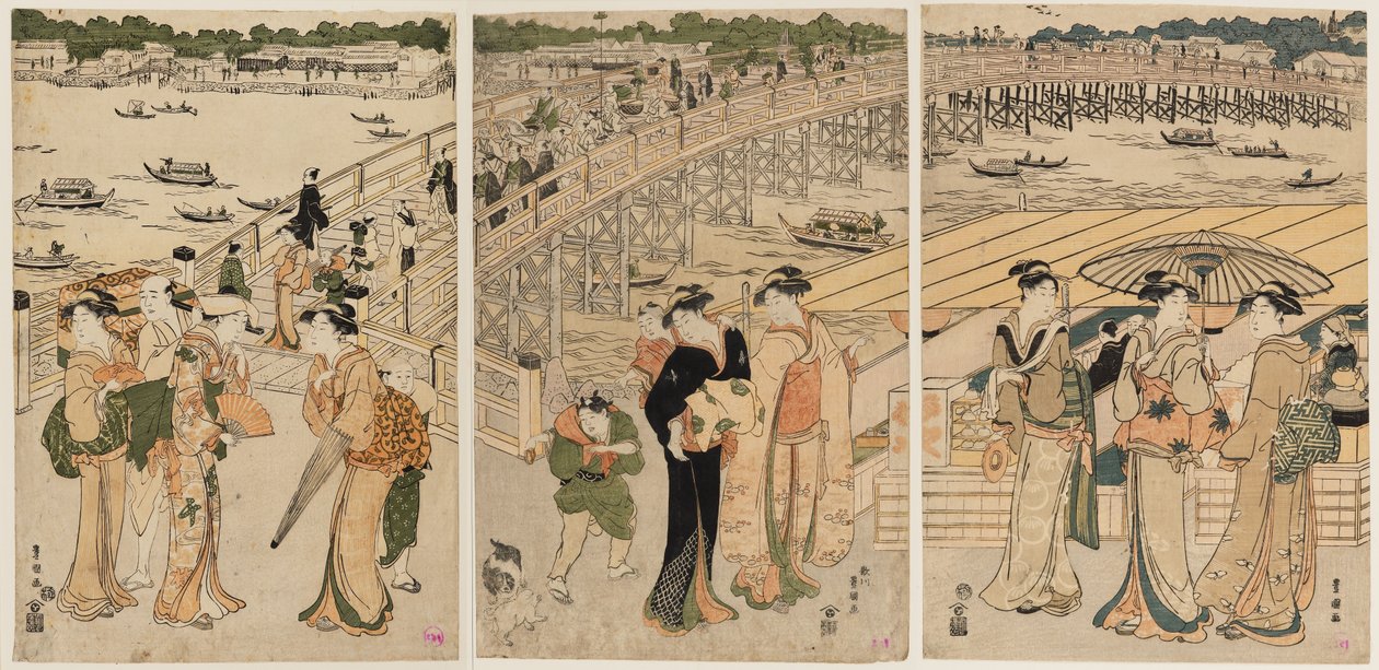 Ön planda rakamlarla Ryōgoku köprüsü by Utagawa Toyohiro