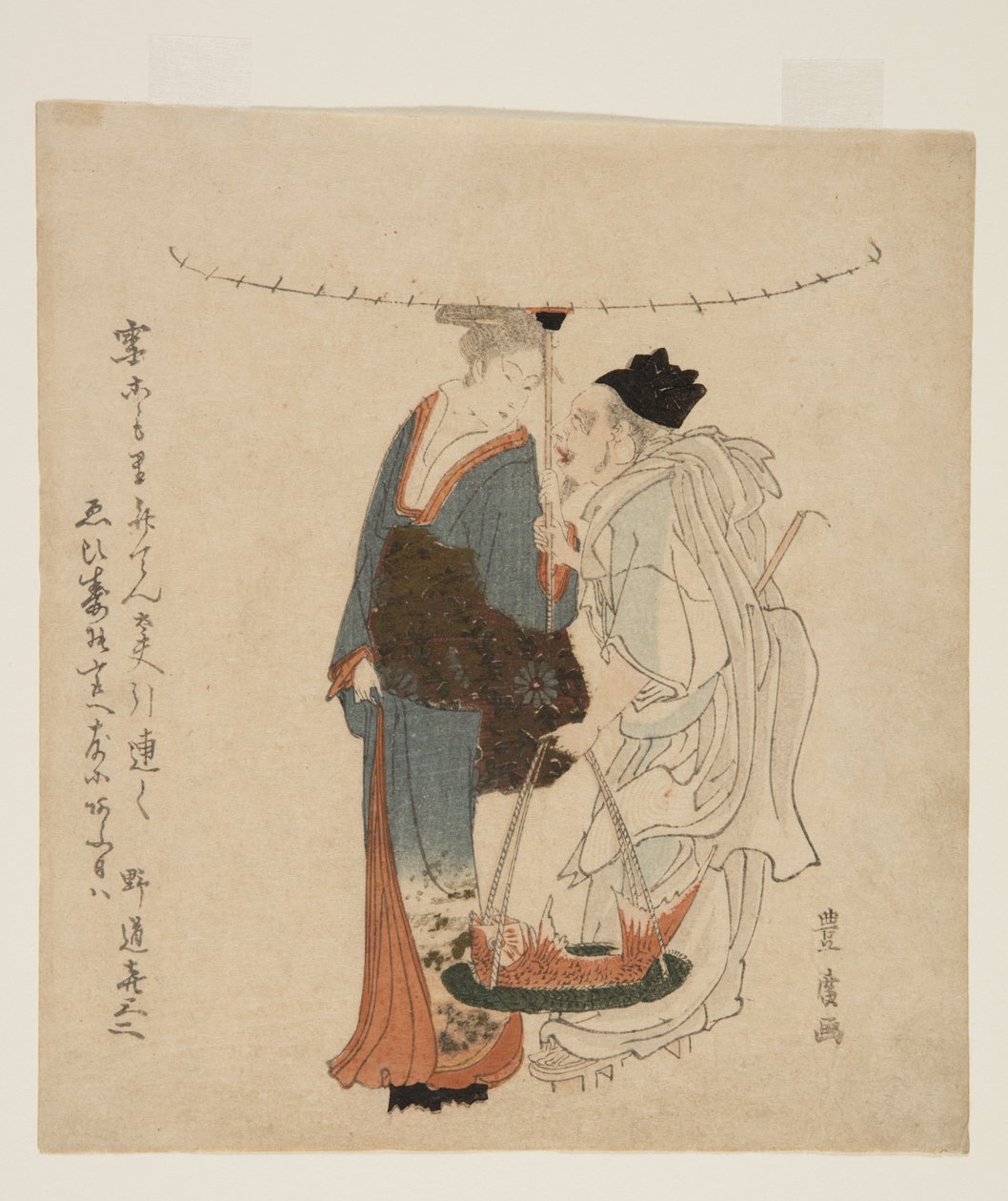 Karda Genç Bir Kadınla Yürüyen Tanrı Ebisu (renkli tahta baskı) by Utagawa Toyohiro