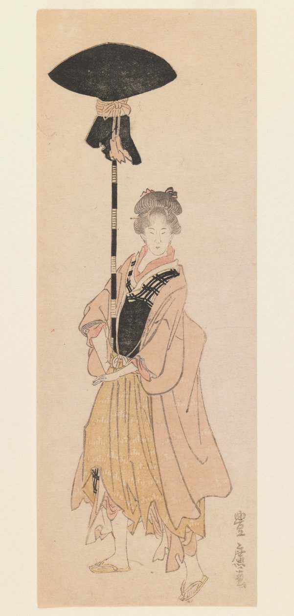 Genç Kadın Bir Tören Alayı için Süslenmiş Direği Taşıyor, c.1805-6 (tahta baskı, dar koban tate-e surimono tarzı baskı) by Utagawa Toyohiro